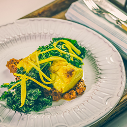 Kasundi Halibut with Cumin Kale Crisps