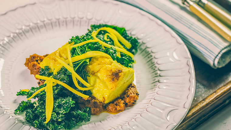 Kasundi Halibut with Cumin Kale Crisps