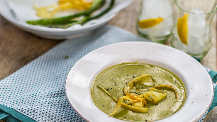 Asparagus and Pea Soup with Parsnip Crisps