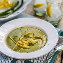 Asparagus and Pea Soup with Parsnip Crisps